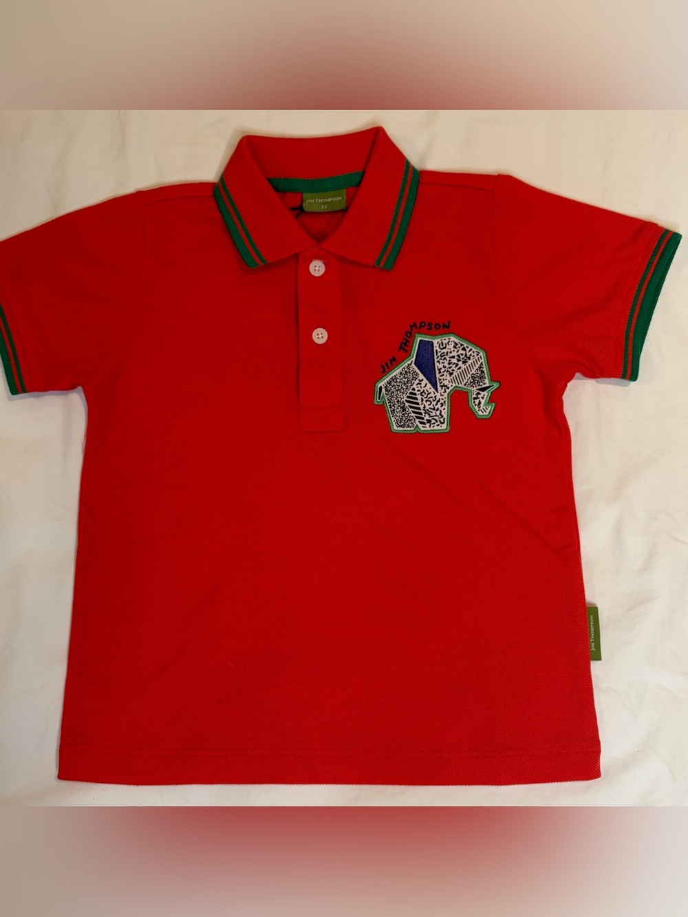 Jim Thompson Red Polo Shirt with Vibrant Elephant Appliqué sz 3 NWT